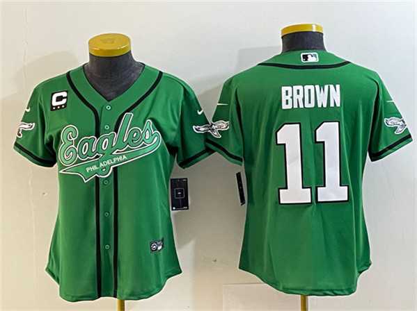 Womens Philadelphia Eagles #11 A. J. Brown Green With 3-Star C Patch Cool Base Stitched Baseball Jersey(Run Small)